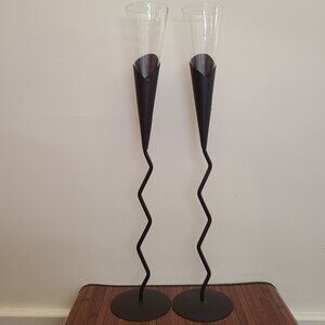 Two Euroline Tall Glass Trumpet Vases w/ Rubbed Bronze Metal Stands